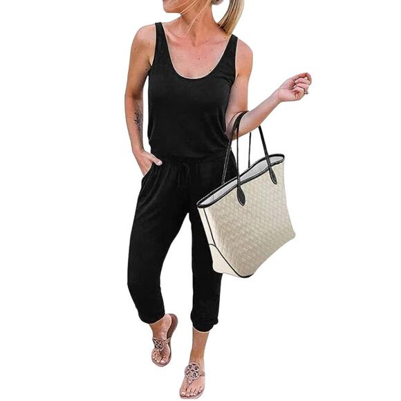 Kirundo Black Knit Sleeveless Drawstring Waist Casual Jumpsuit Women Sz L NWT - Picture 1 of 13